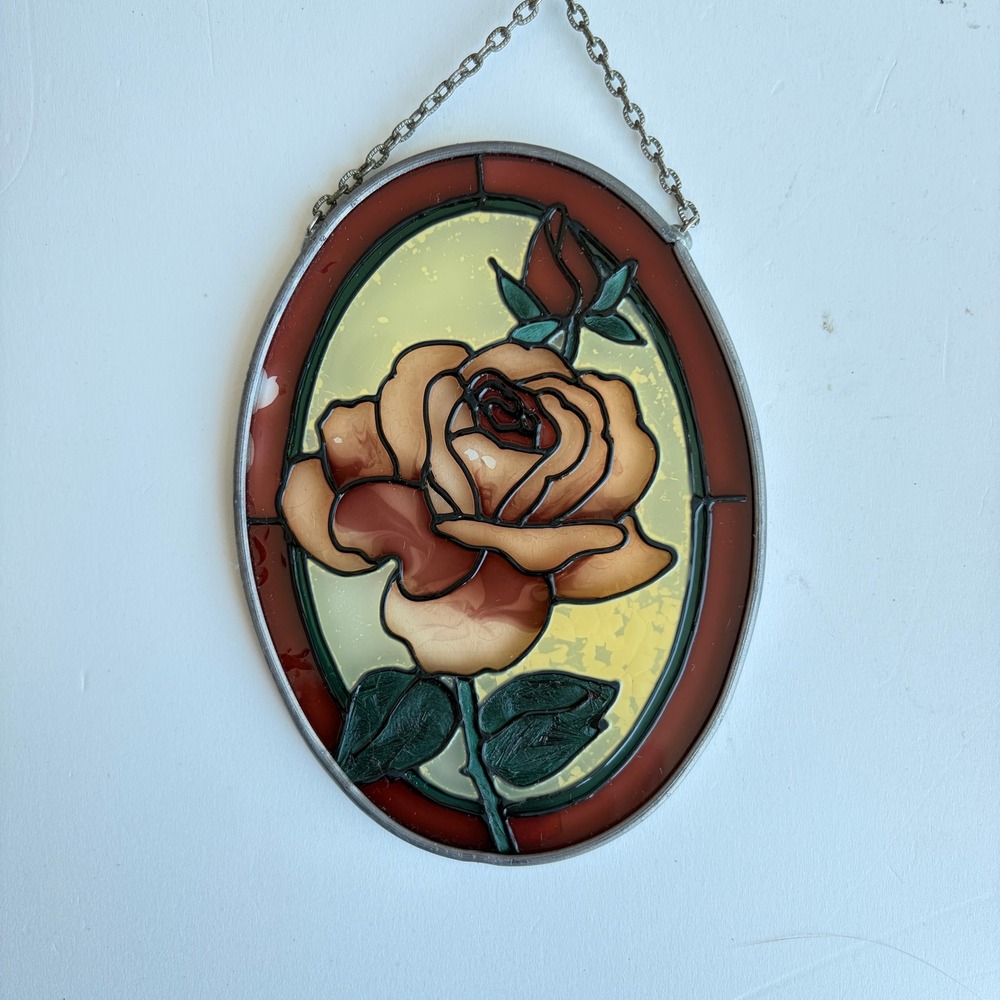 Vintage 1987 JBD Oval Rose Stained Glass Suncatcher Amber Burgundy Floral Art